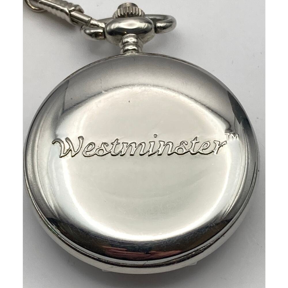 Westminster Quartz Wolf Pocket Watch Full Hunter - New Battery - Chain and Clip - Picture 5 of 11